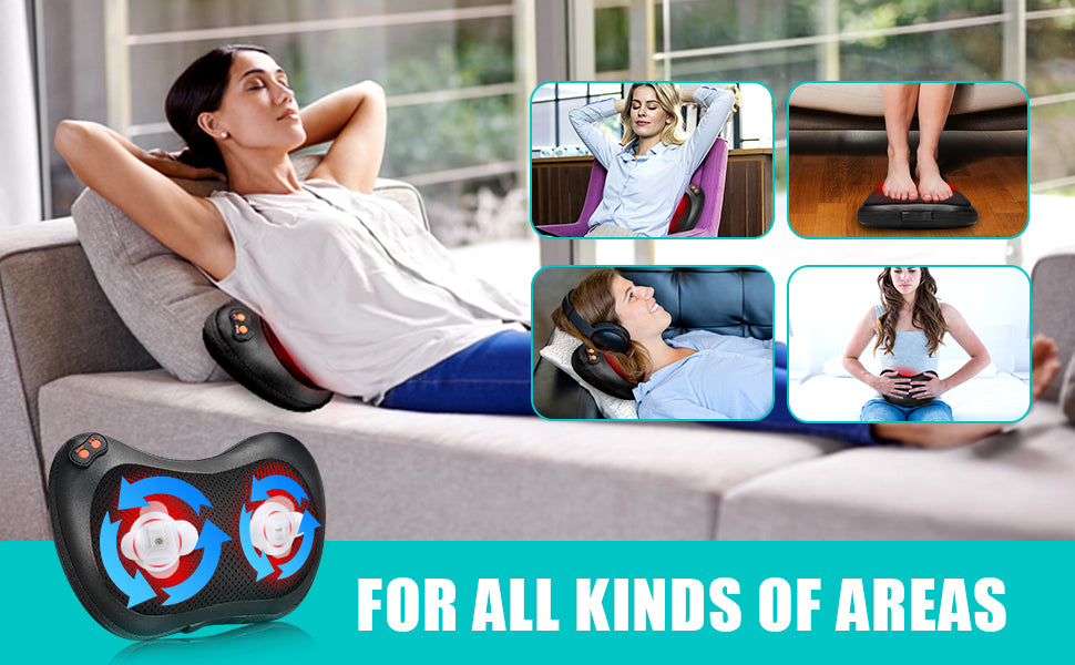 The iKristin Shiatsu Back Massager is suitable for all kinds of areas. The image shows different use cases such as relaxing on a couch, using it on the feet, listening to music, and holding it in hand, emphasizing its versatility and comfort.