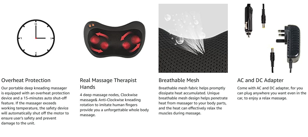 Key features of the iKristin Shiatsu Neck and Back Massager include overheating protection, real massage therapist hands with 4 deep nodes, breathable mesh fabric, and AC/DC adapters for versatile use.