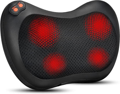 iKristin Shiatsu Neck and Back Massager showcasing its red heat therapy lights and control panel. The image highlights its ergonomic design, perfect for deep tissue massage.