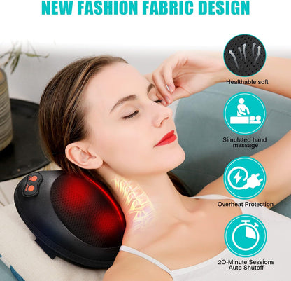 A woman enjoying the iKristin Shiatsu Neck and Back Massager on her neck. The image emphasizes its healthable soft fabric, simulated hand massage, overheat protection, and 20-minute auto shutoff feature.