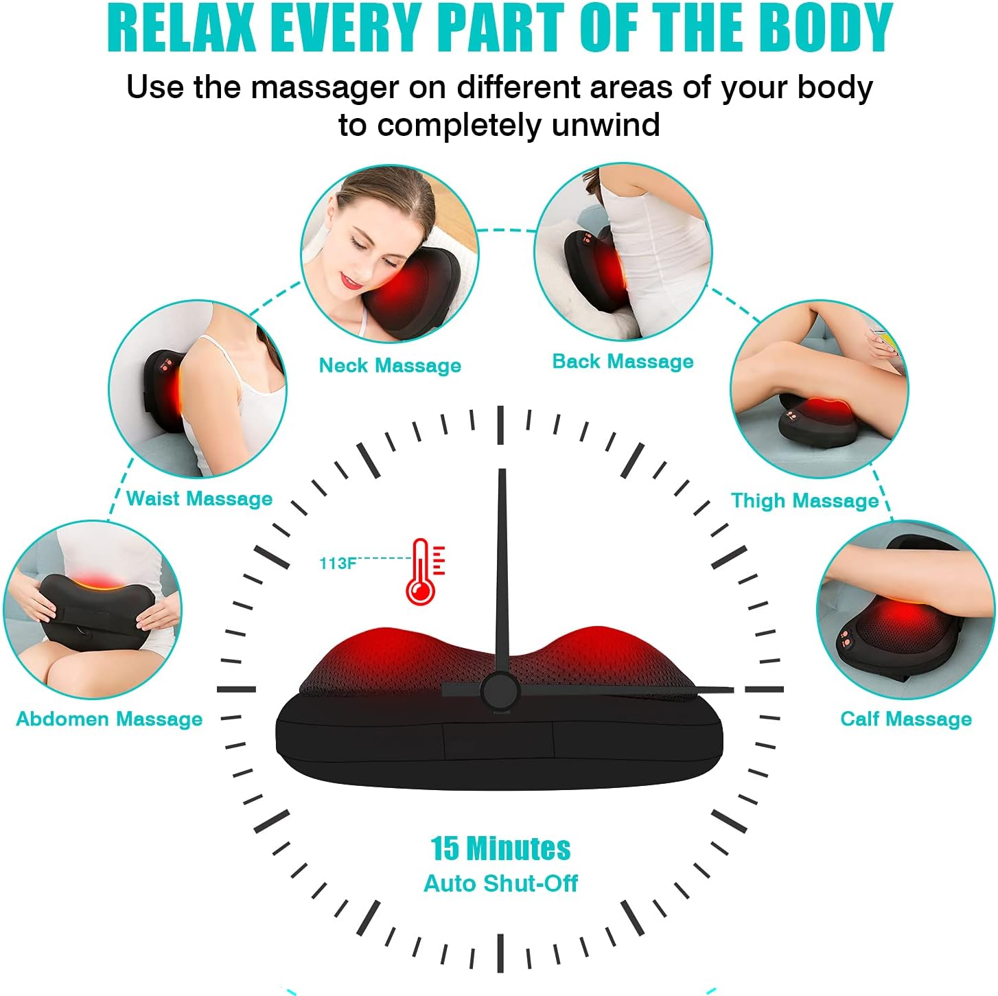 The iKristin Shiatsu Neck and Back Massager being used on various body parts including the neck, back, waist, thigh, abdomen, and calf. The image demonstrates its versatility and 15-minute auto shut-off function for complete relaxation.