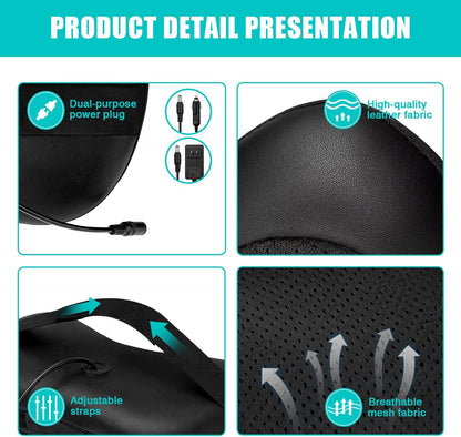 Product details of the iKristin Shiatsu Neck and Back Massager featuring dual-purpose power plug, high-quality leather fabric, adjustable straps, and breathable mesh fabric. The image highlights its durability and user-friendly design.