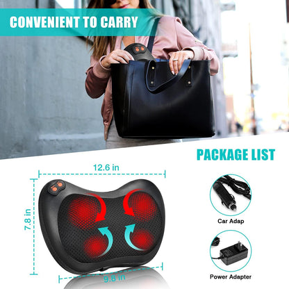 A woman carrying the iKristin Shiatsu Neck and Back Massager in her bag. The image highlights its compact size and portability, along with the package list including a car adapter and power adapter, making it convenient for on-the-go use.