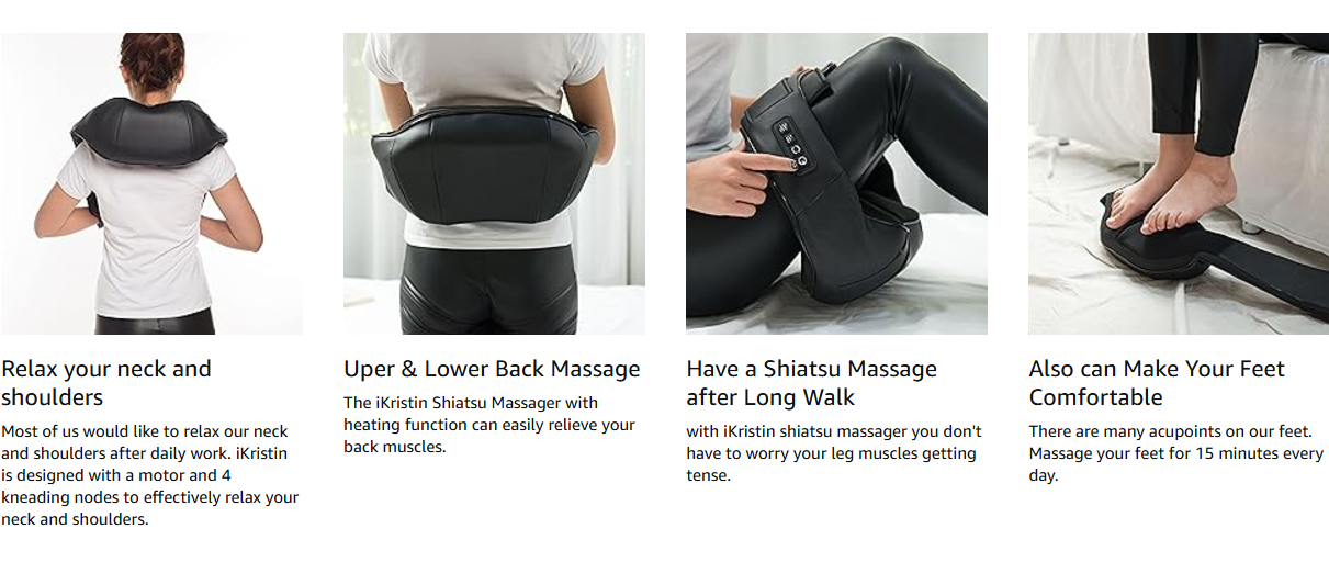 iKristin Shiatsu Massager being used on various body parts. The image showcases its versatility for relaxing the neck, shoulders, upper and lower back, and even the feet, making it an ideal choice for overall muscle relief.