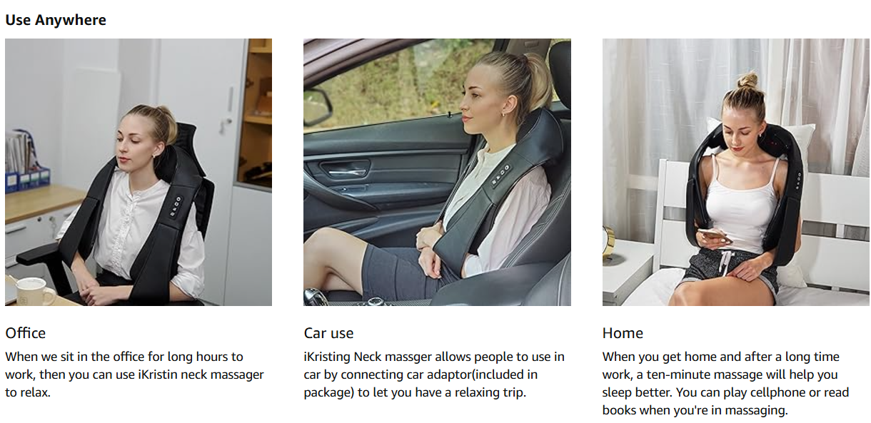 The iKristin Electric Back & Neck Massager being used in different settings – office, car, and home. The image emphasizes its portability and convenience, allowing you to enjoy a relaxing massage wherever you are.