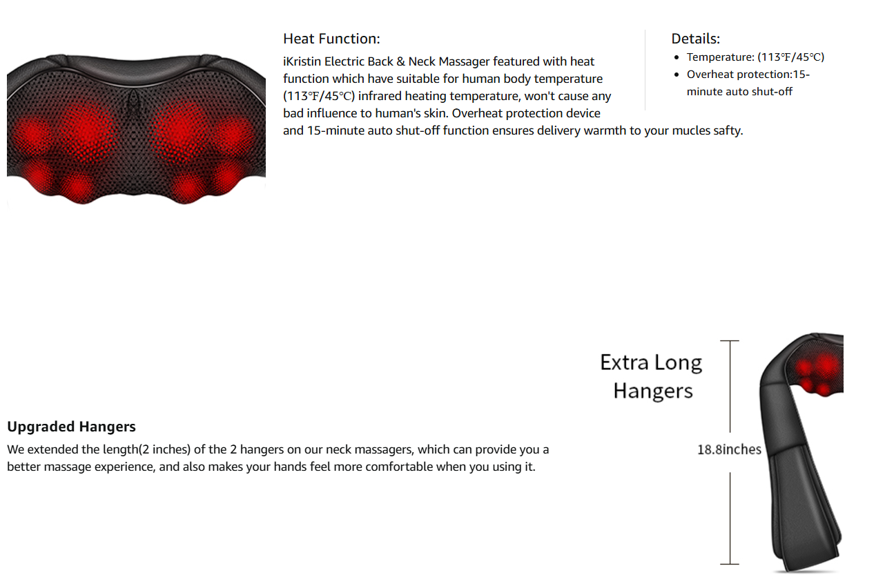 Close-up of the iKristin Electric Back & Neck Massager highlighting its heat function and extra-long upgraded hangers. The image details its safe infrared heating temperature and 15-minute auto shut-off feature, ensuring a comfortable and effective massage experience.