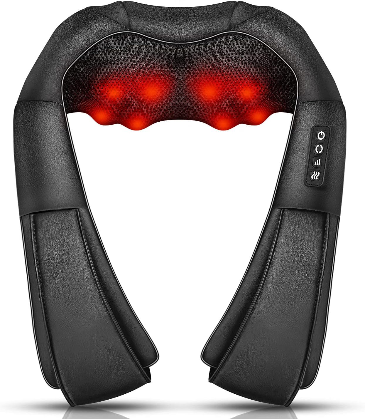 iKristin Shiatsu Back Massager with heat therapy feature highlighted. The black massager showcases its durable PU leather exterior and control panel, perfect for soothing neck and shoulder pain.