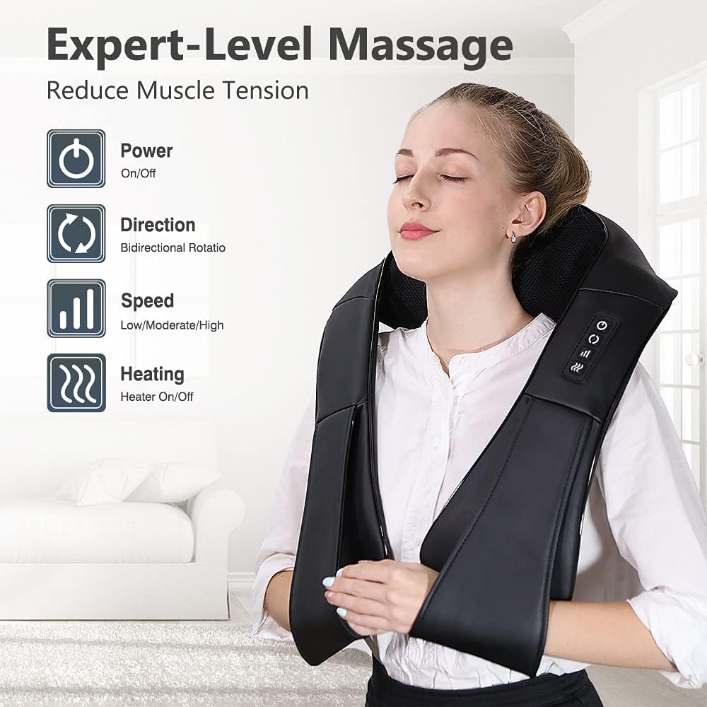 A woman enjoying expert-level massage with the iKristin Shiatsu Back Massager. The image highlights the device’s power, bidirectional rotation, adjustable speed, and heating functions, making it ideal for reducing muscle tension.