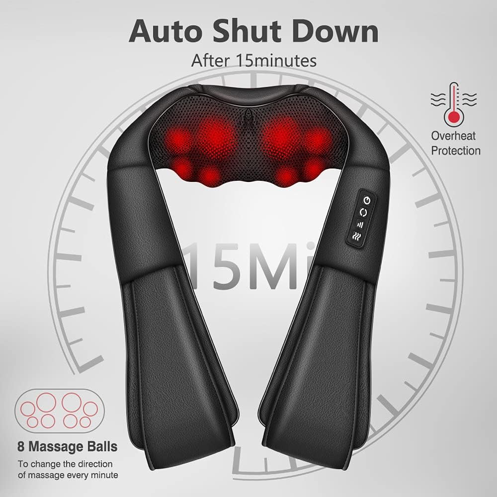 The iKristin Shiatsu Back Massager with auto shut down after 15 minutes for safety. Featuring 8 massage balls that change direction every minute, this massager ensures effective relief from neck and back pain.