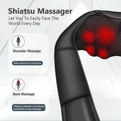 iKristin Shiatsu Massager featuring red heat therapy lights. The image highlights its benefits for shoulder and back massage, making it perfect for those who need relief after long hours of work.