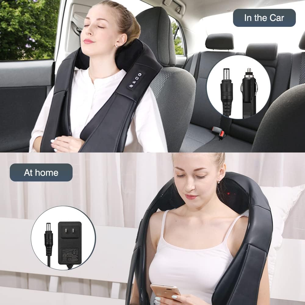 A woman using the iKristin Shiatsu Massager both in the car and at home. The image showcases the massager’s adaptability with car charger and home power adapter, offering convenience and comfort wherever you go.