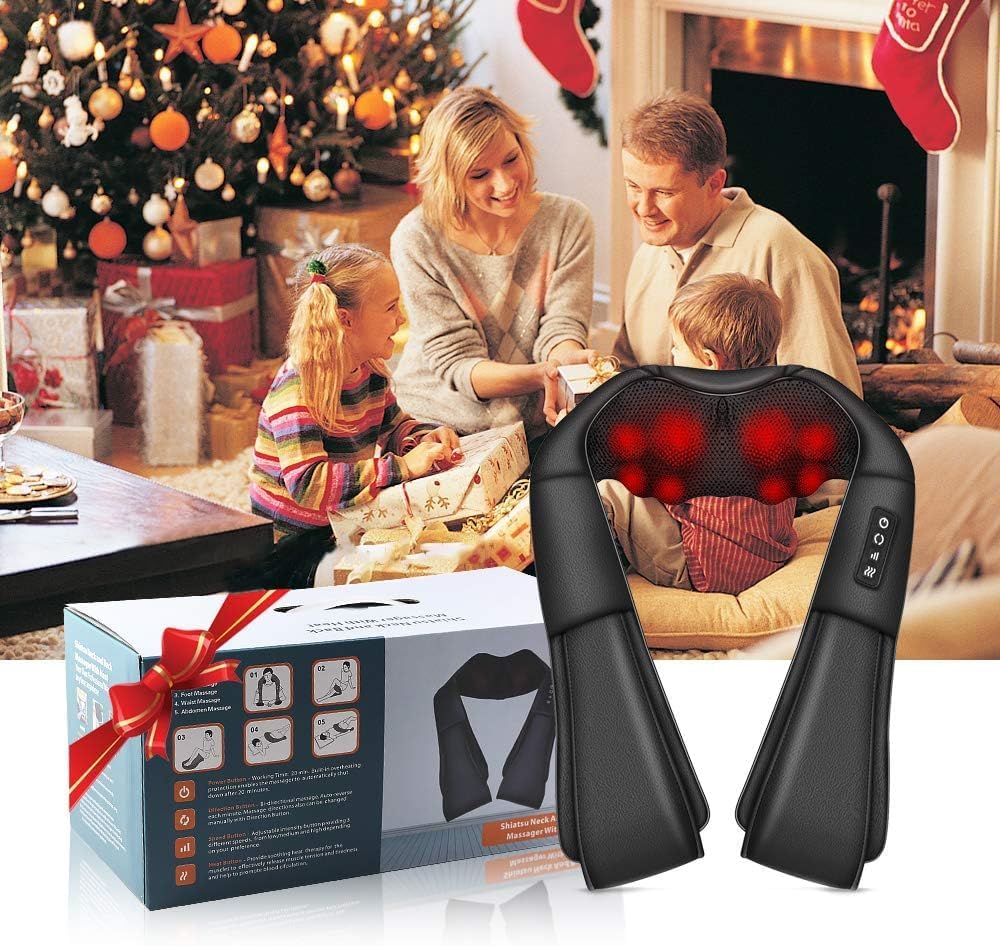 The iKristin Shiatsu Massager presented as a festive gift. The image shows a family enjoying Christmas, with the massager packaged in a stylish box, making it an ideal present for loved ones seeking relaxation.