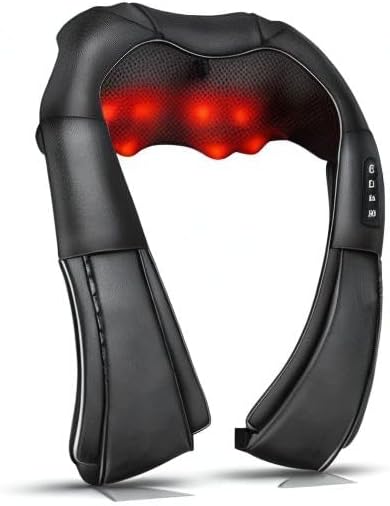 Close-up view of the iKristin Shiatsu Massager. The image highlights its sleek black design with red heat therapy lights and control buttons, emphasizing its premium quality and functionality.